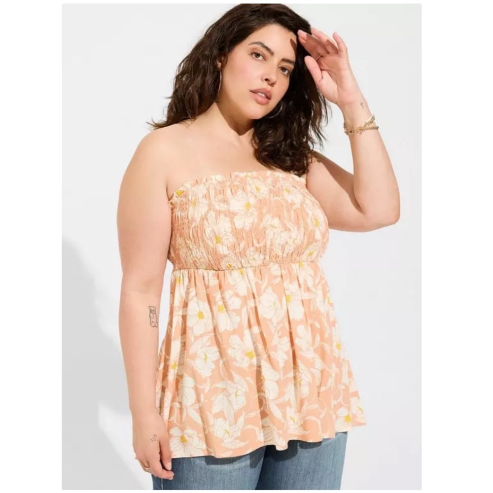 NWT Torrid Floral Rayon Slub Smocked Tube Top Strapless Tank Top Orange